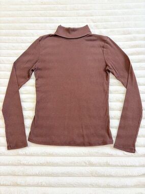 Brown Ribbed Turtleneck | Fitted Long Sleeve Basic | Size L Active Basic